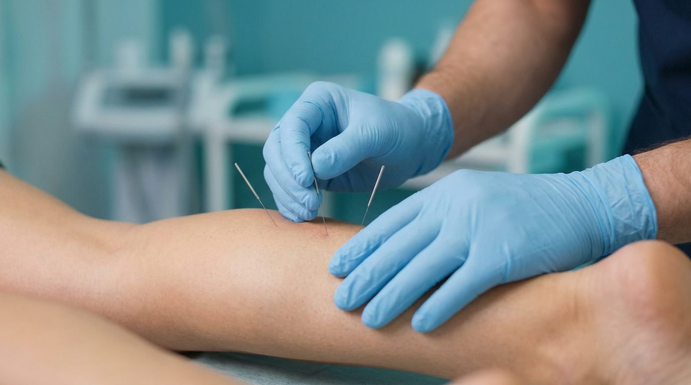 Close-up of fine single-use dry needling needles being inserted into a patient's lower leg