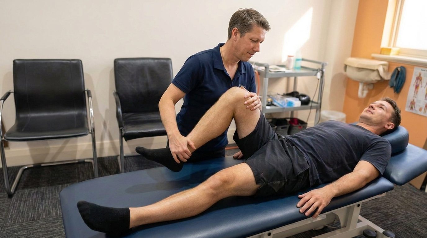 NDIS physiotherapist assessing a participant's knee movement and strength on the treatment plinth at Strathalbyn Physiotherapy
