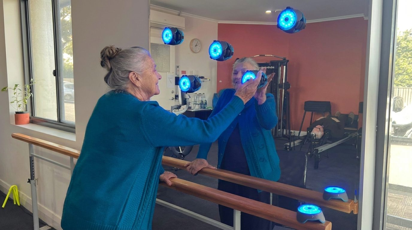 Participant using reaction-light training at the parallel bars during a NeuroTherapy session at Strathalbyn Physiotherapy