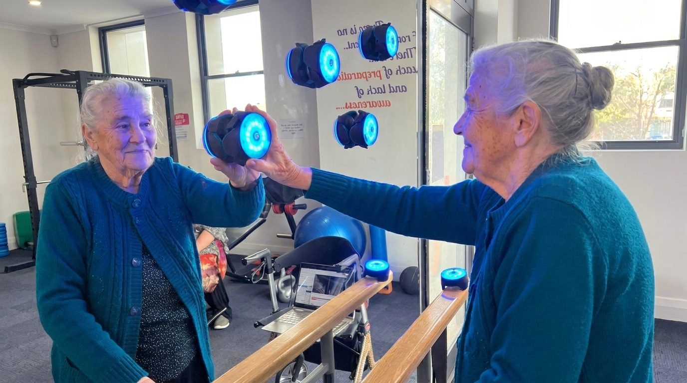 Physiotherapist guiding a participant through upper-limb reach and reaction training in the NeuroTherapy Centre