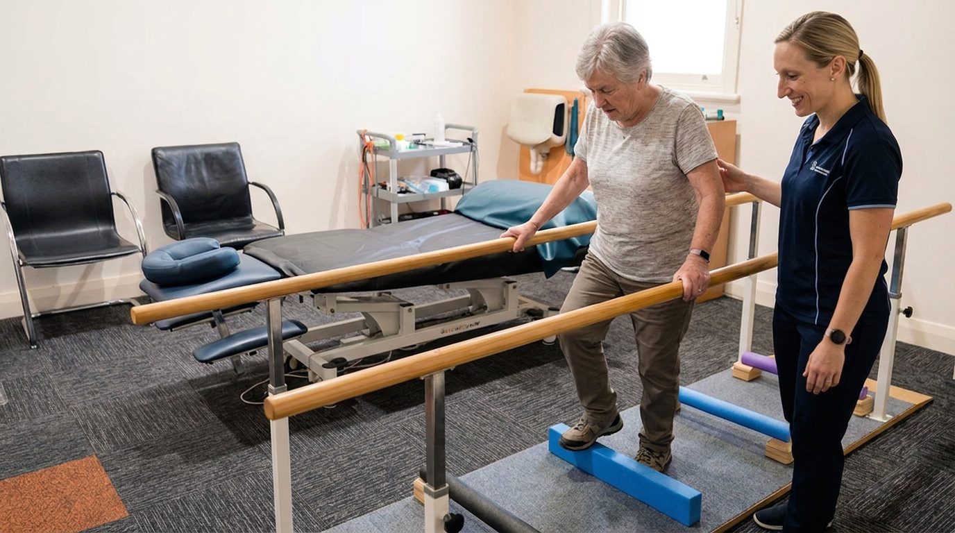 Physiotherapist supporting an older adult to rebuild walking confidence at the parallel bars at Strathalbyn Physiotherapy
