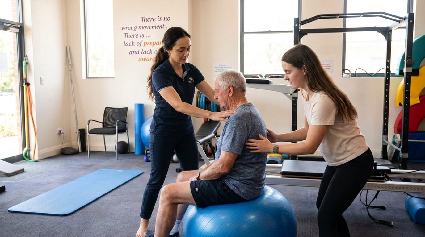 NDIS physiotherapist guiding a participant on a stability ball while educating a support worker at Strathalbyn Physiotherapy