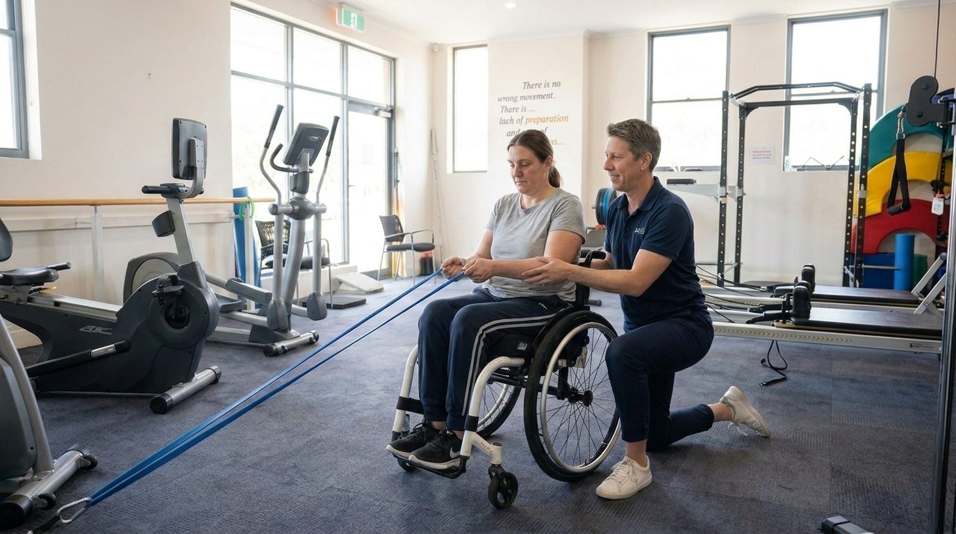 Physiotherapist guiding an older adult through a seated resistance-band strengthening exercise