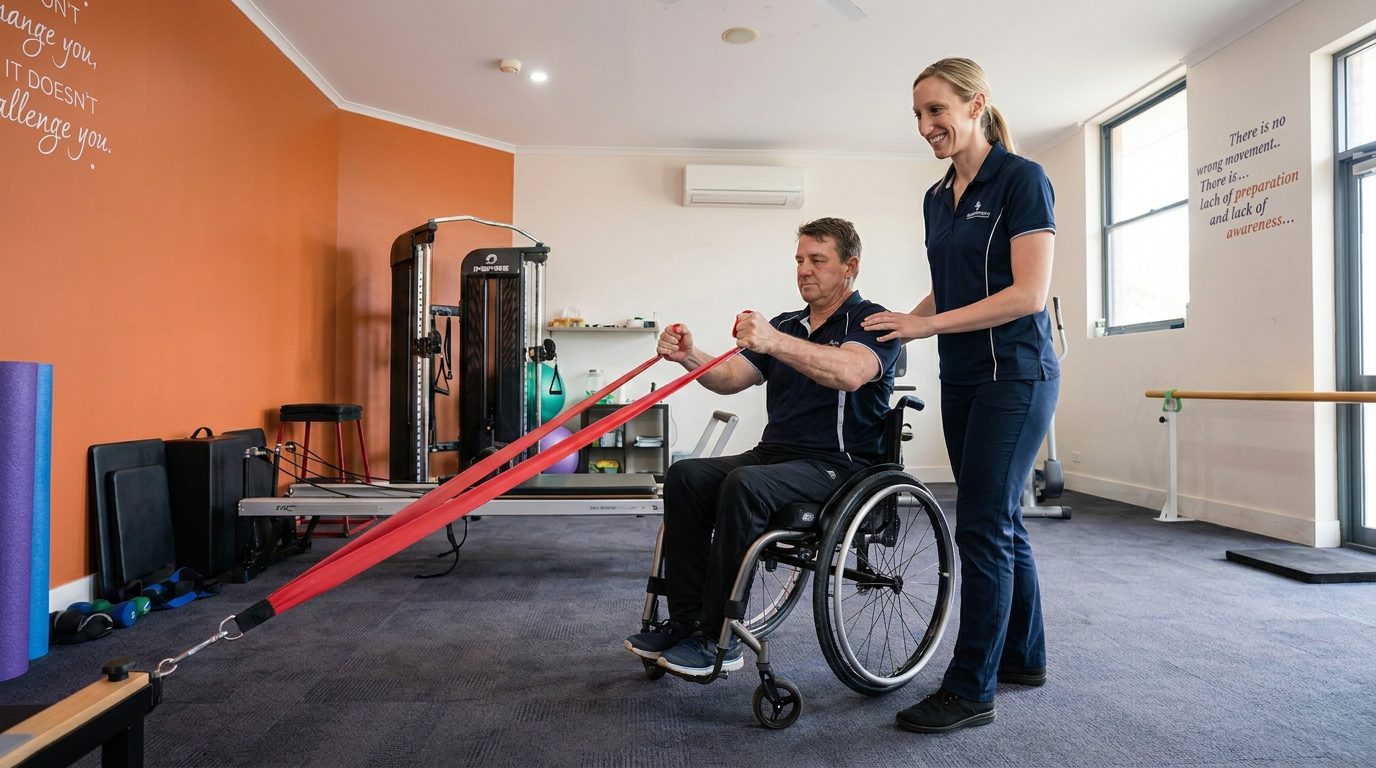 Wheelchair user completing a resistance-band strengthening exercise with an NDIS physiotherapist
